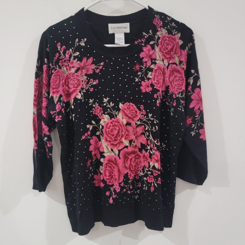 Womens Lightweight Sweater Size Petite Large‎ Floral Rhinestones Artsy Evening